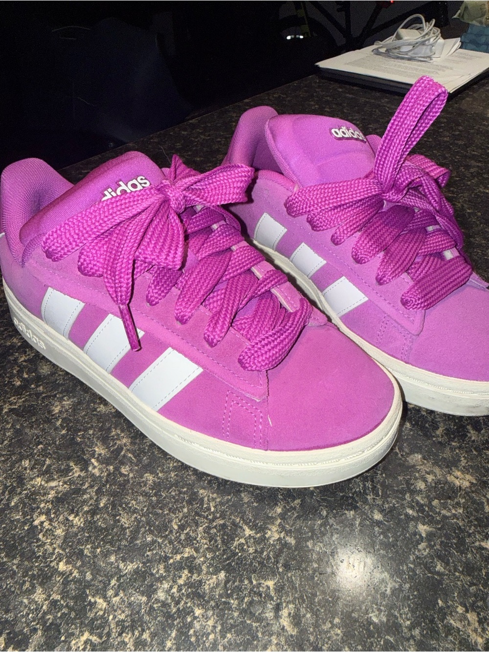 adidas Women's Bright Pink Suede Sneakers with White Stripes